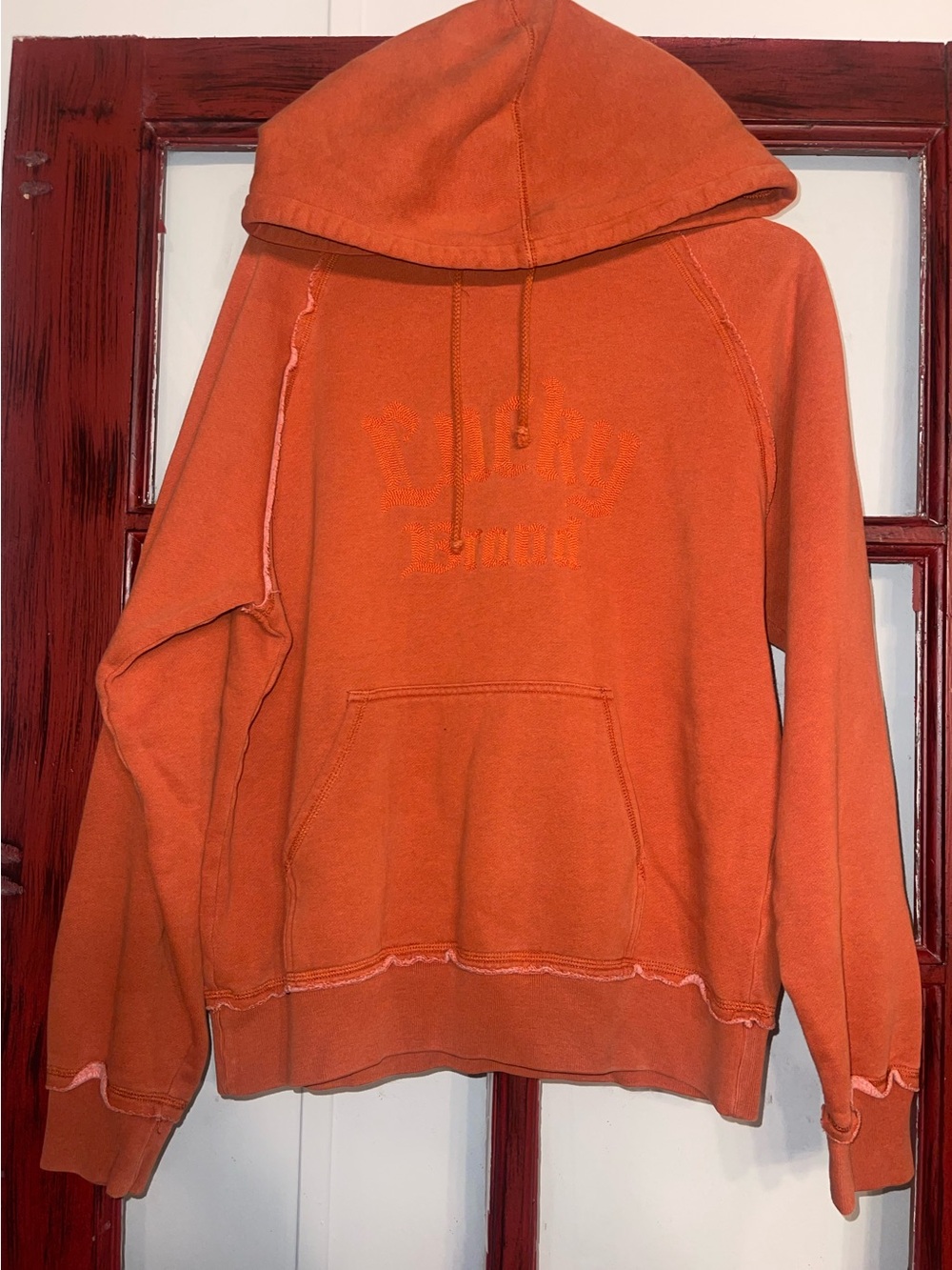 Lucky Brand Orange Distressed Crewneck Hoodie